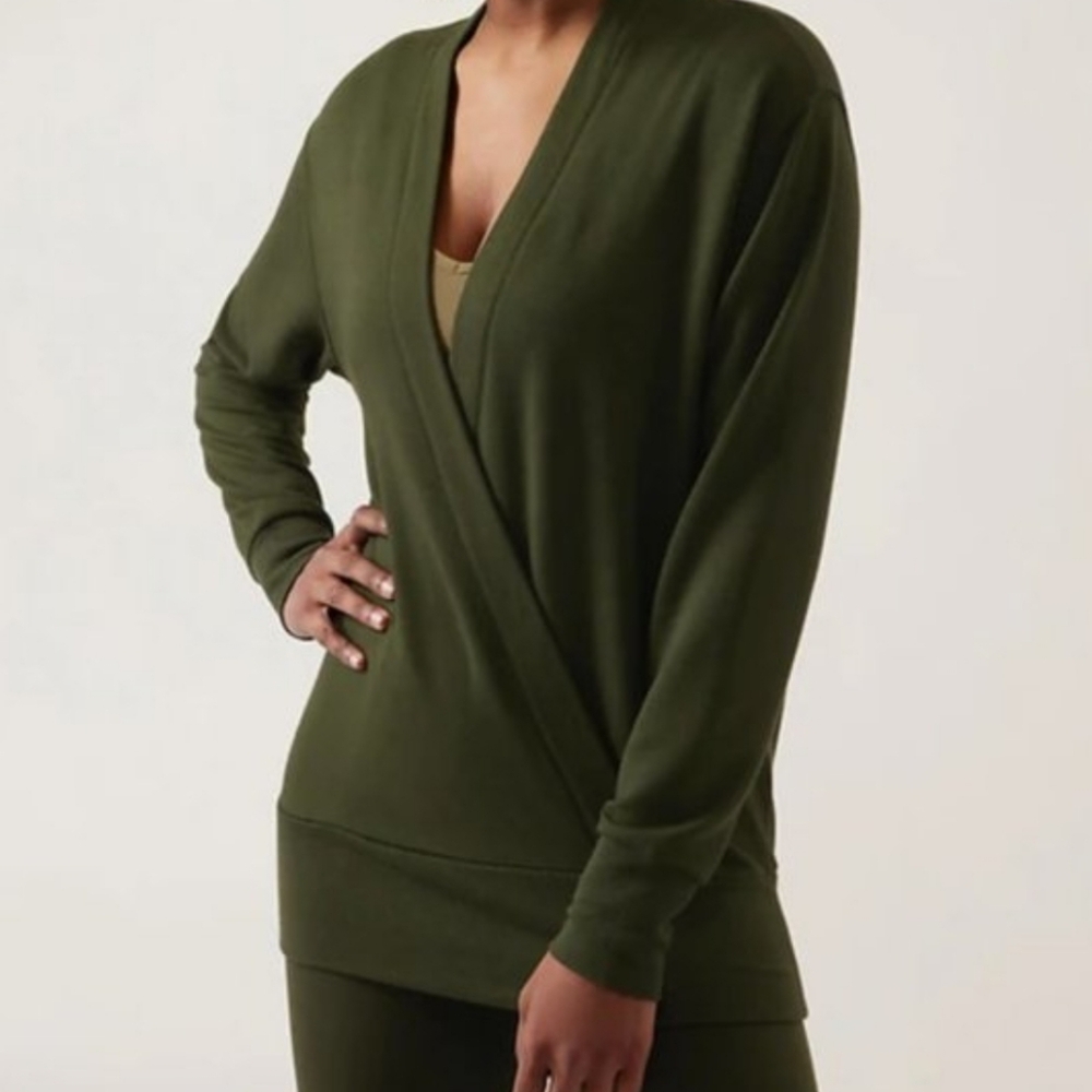 Athleta Purana V-Neck Wrap Sweatshirt Green Olive M